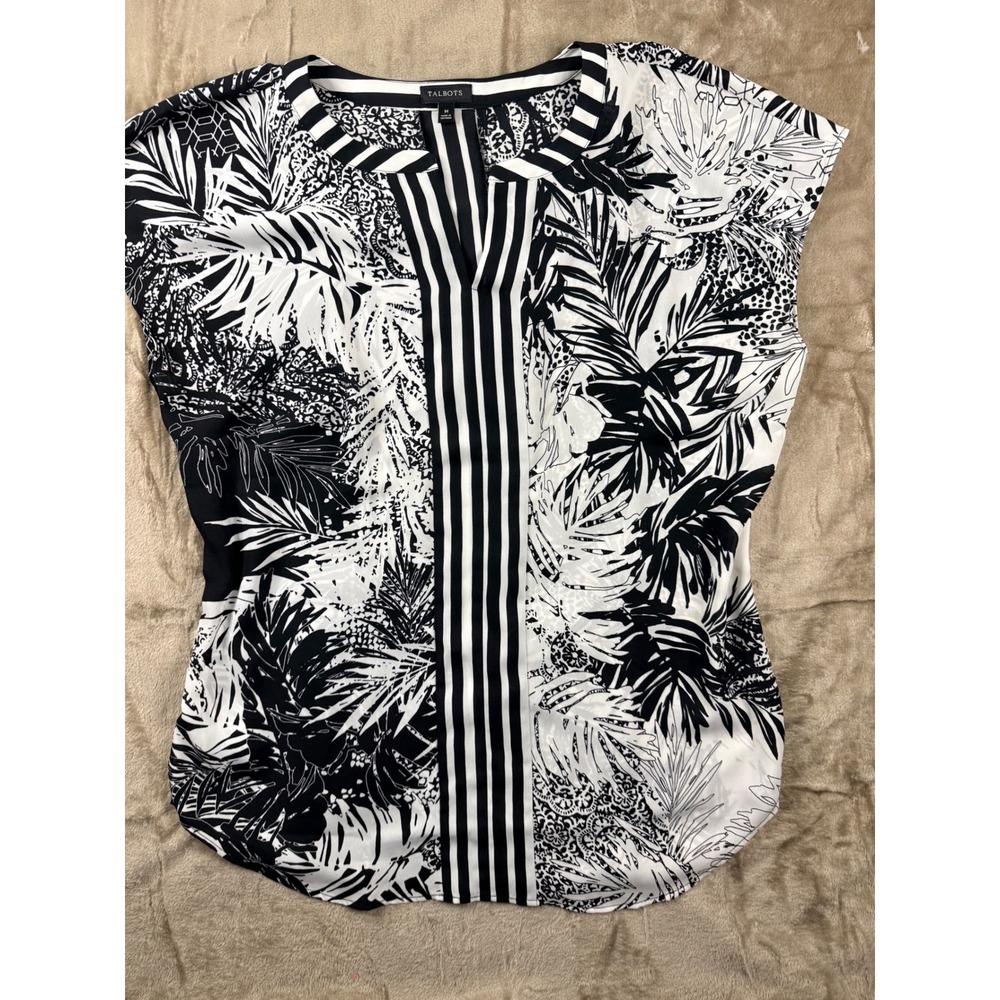 Talbots Womens‎ Black White  Stripe Mixed Print Split Neck Blouse Medium Artsy
